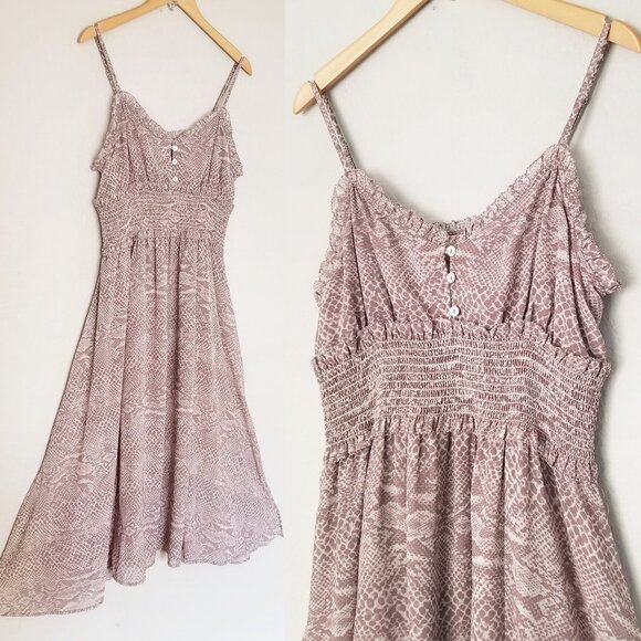 Cleobella Ruffle Trim Smocked Waist Midi Dress L Sleeveless Python Snake Slits - Picture 1 of 14